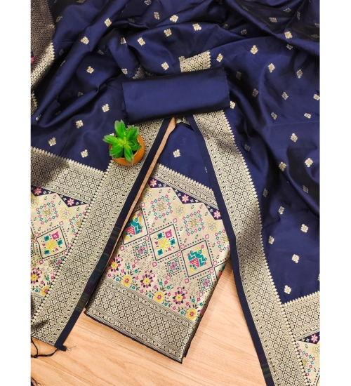 Generic Women's Banarasi Silk Printed Unstitched Salwar Suit Material With Dupatta (Navy Blue, 3Mtrs)