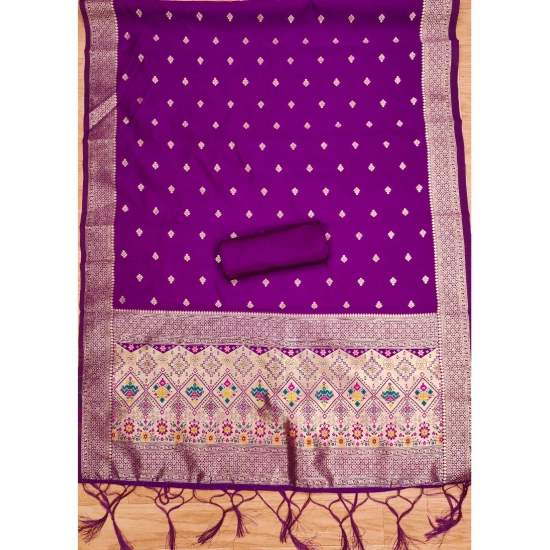 Generic Women's Banarasi Silk Printed Unstitched Salwar Suit Material With Dupatta (Purple, 3Mtrs)