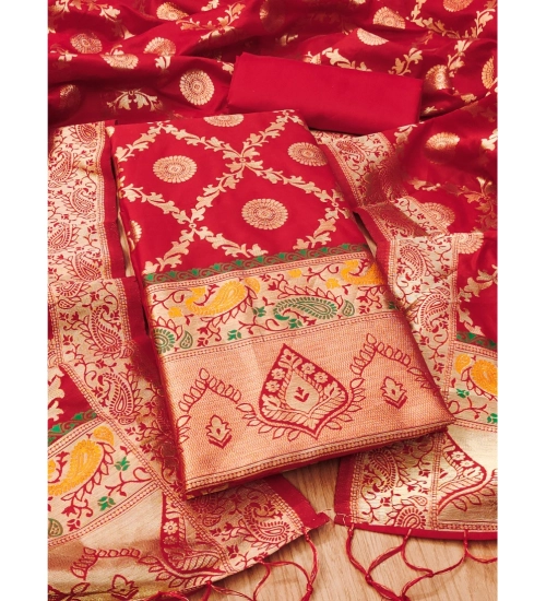 Generic Women's Banarasi Silk Printed Unstitched Salwar Suit Material With Dupatta (Red, 3Mtrs)