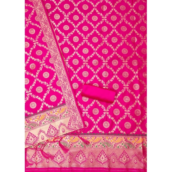 Generic Women's Banarasi Silk Printed Unstitched Salwar Suit Material With Dupatta (Pink, 3Mtrs)