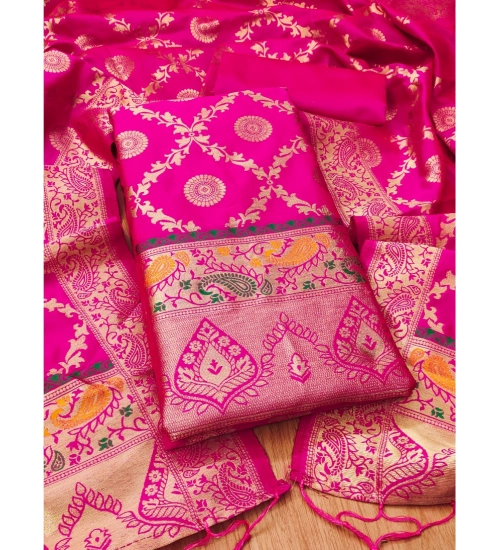 Generic Women's Banarasi Silk Printed Unstitched Salwar Suit Material With Dupatta (Pink, 3Mtrs)