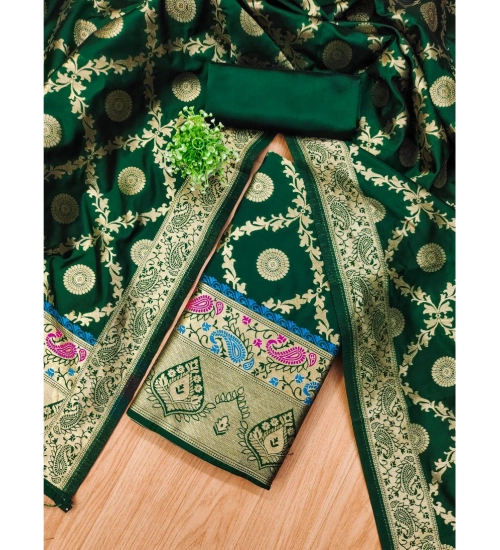 Generic Women's Banarasi Silk Printed Unstitched Salwar Suit Material With Dupatta (Bottle Green, 3Mtrs)