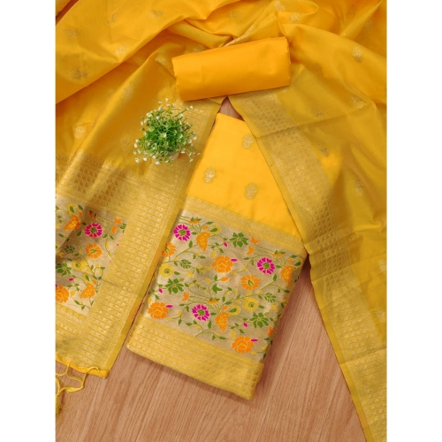 Women's Banarasi Silk Printed Unstitched Salwar Suit Material With Dupatta (Yellow, 3Mtrs) Women's Banarasi Silk Printed Unstitched Salwar Suit Material With Dupatta (Yellow, 3Mtrs)