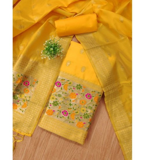 Generic Women's Banarasi Silk Printed Unstitched Salwar Suit Material With Dupatta (Yellow, 3Mtrs)