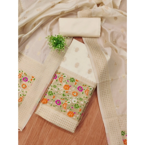 Women's Banarasi Silk Printed Unstitched Salwar Suit Material With Dupatta (White, 3Mtrs) Women's Banarasi Silk Printed Unstitched Salwar Suit Material With Dupatta (White, 3Mtrs)