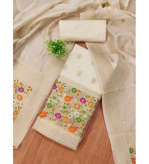 Generic Women's Banarasi Silk Printed Unstitched Salwar Suit Material With Dupatta (White, 3Mtrs)
