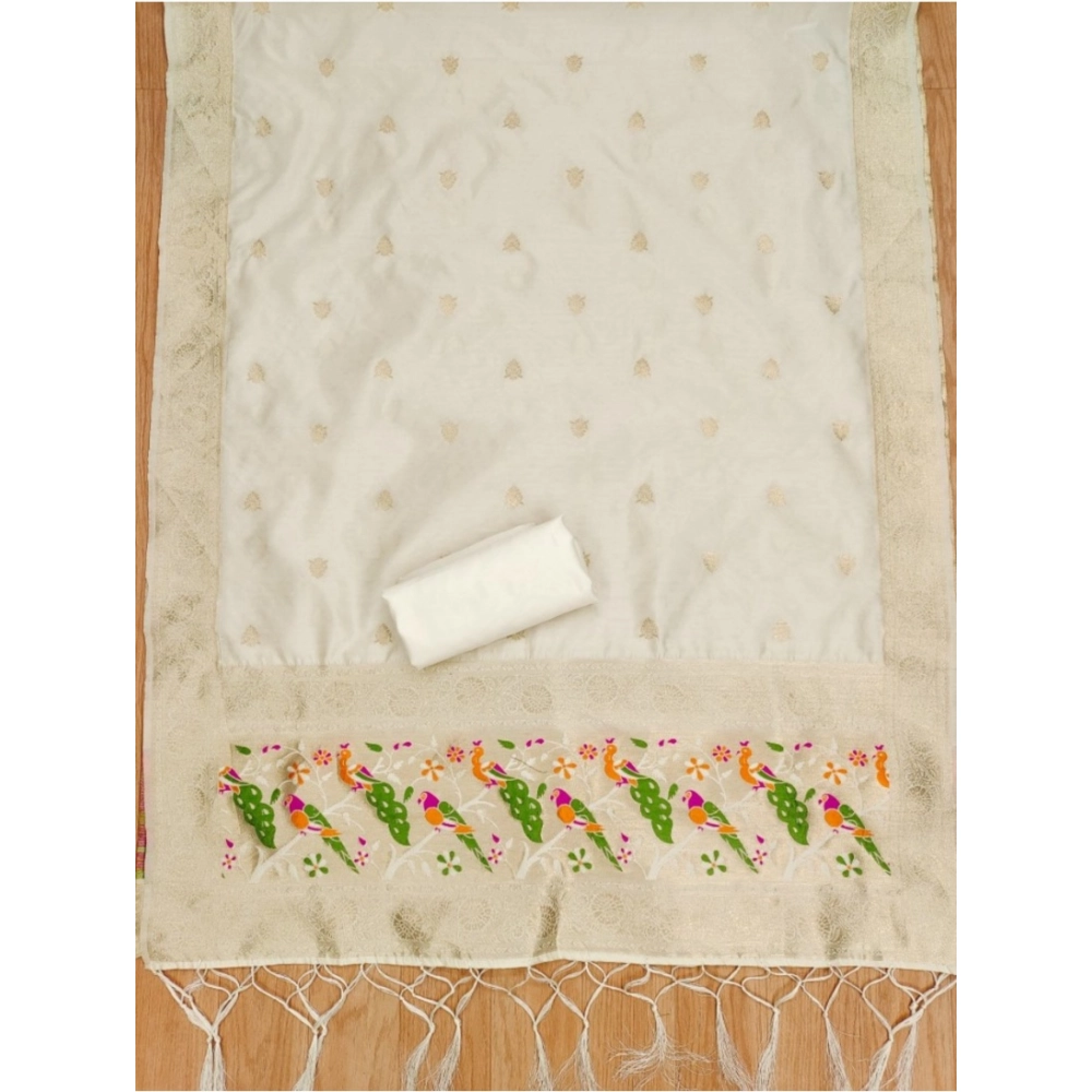 Generic Women's Banarasi Silk Printed Unstitched Salwar Suit Material With Dupatta (White, 3Mtrs) Generic Women's Banarasi Silk Printed Unstitched Salwar Suit Material With Dupatta (White, 3Mtrs)