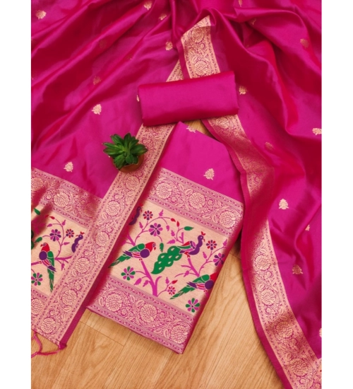 Generic Women's Banarasi Silk Printed Unstitched Salwar Suit Material With Dupatta (Pink, 3Mtrs)