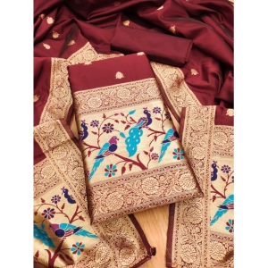 Generic Women's Banarasi Silk Printed Unstitched Salwar Suit Material With Dupatta (Maroon, 3Mtrs)