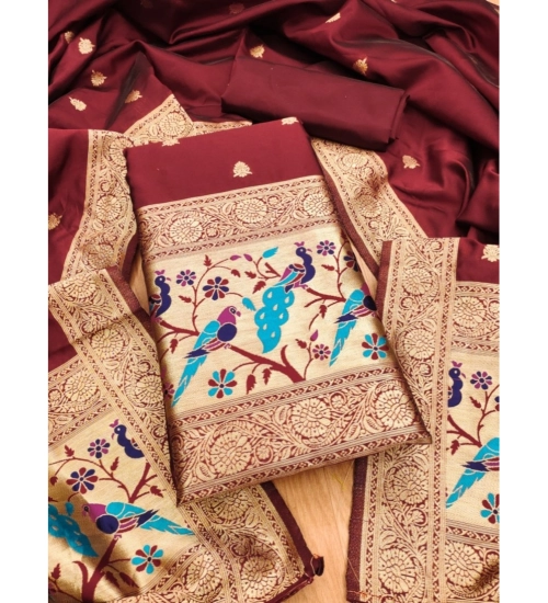 Generic Women's Banarasi Silk Printed Unstitched Salwar Suit Material With Dupatta (Maroon, 3Mtrs)