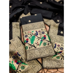 Generic Women's Banarasi Silk Printed Unstitched Salwar Suit Material With Dupatta (Black, 3Mtrs)