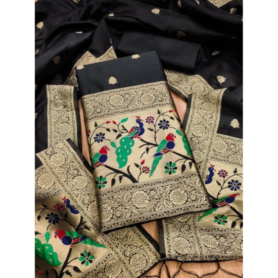 Generic Women's Banarasi Silk Printed Unstitched Salwar Suit Material With Dupatta (Black, 3Mtrs)
