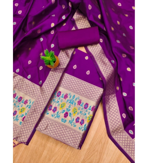 Generic Women's Banarasi Silk Printed Unstitched Salwar Suit Material With Dupatta (Purple, 3Mtrs)