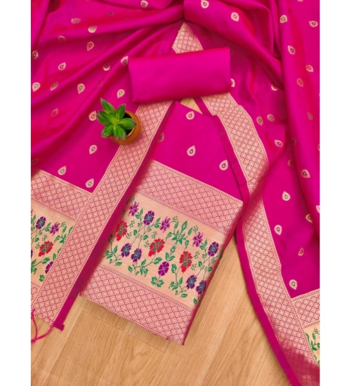 Generic Women's Banarasi Silk Printed Unstitched Salwar Suit Material With Dupatta (Pink, 3Mtrs)