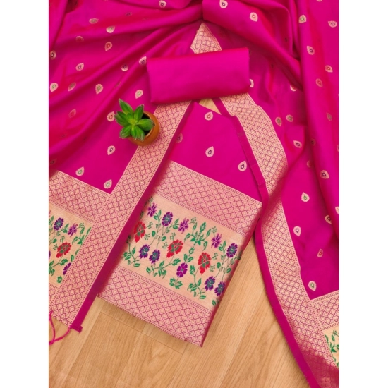 Generic Women's Banarasi Silk Printed Unstitched Salwar Suit Material With Dupatta (Pink, 3Mtrs)