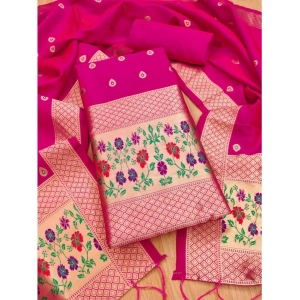 Generic Women's Banarasi Silk Printed Unstitched Salwar Suit Material With Dupatta (Pink, 3Mtrs)
