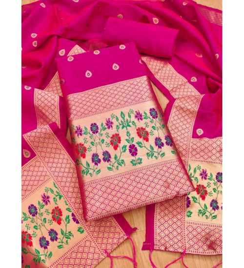 Generic Women's Banarasi Silk Printed Unstitched Salwar Suit Material With Dupatta (Pink, 3Mtrs)