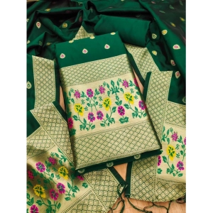 Generic Women's Banarasi Silk Printed Unstitched Salwar Suit Material With Dupatta (Bottle Green, 3Mtrs)