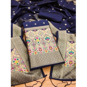 Generic Women's Banarasi Silk Printed Unstitched Salwar Suit Material With Dupatta (Navy Blue, 3Mtrs)