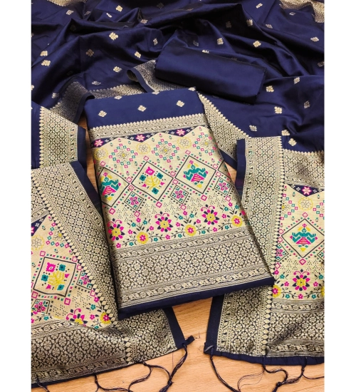 Generic Women's Banarasi Silk Printed Unstitched Salwar Suit Material With Dupatta (Navy Blue, 3Mtrs)