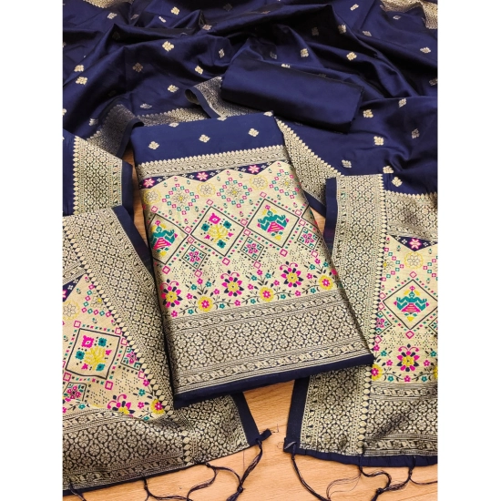 Generic Women's Banarasi Silk Printed Unstitched Salwar Suit Material With Dupatta (Navy Blue, 3Mtrs)