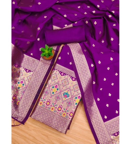 Generic Women's Banarasi Silk Printed Unstitched Salwar Suit Material With Dupatta (Purple, 3Mtrs)