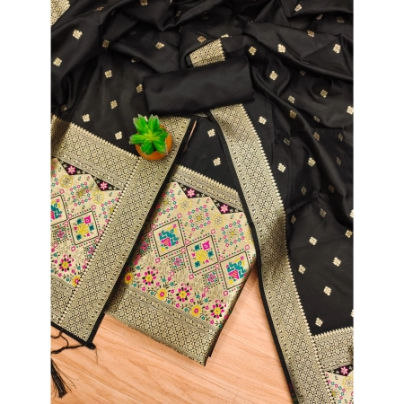 Generic Women's Banarasi Silk Printed Unstitched Salwar Suit Material With Dupatta (Black, 3Mtrs)