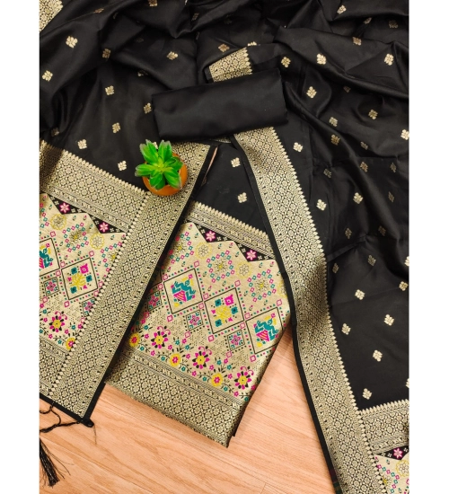 Generic Women's Banarasi Silk Printed Unstitched Salwar Suit Material With Dupatta (Black, 3Mtrs)