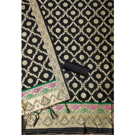Generic Women's Banarasi Silk Printed Unstitched Salwar Suit Material With Dupatta (Black, 3Mtrs)