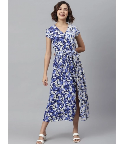 Generic Women's Polyester Floral V-Neck Short Sleeve Dress (Purple-White)