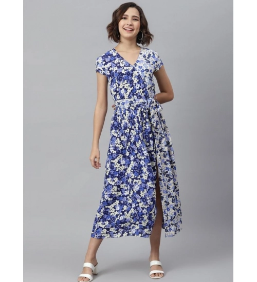Generic Women's Polyester Floral V-Neck Short Sleeve Dress (Purple-White)