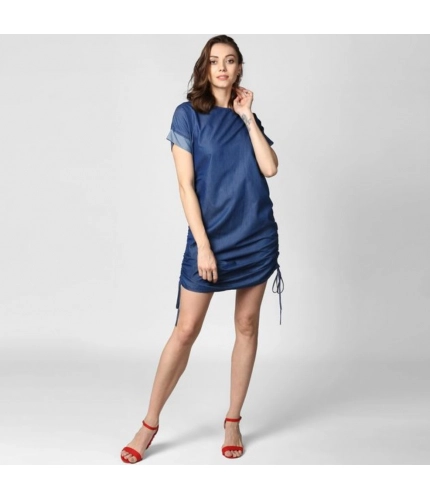 Generic Women's Denim Solid Close Neck Short Sleeve Dress (Blue)