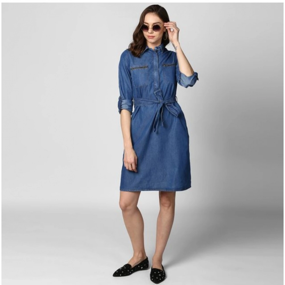 Generic Women's Denim Solid Collar Neck Roll Up Sleeve Dress (Blue) Generic Women's Denim Solid Collar Neck Roll Up Sleeve Dress (Blue)