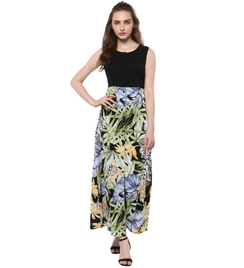 Generic Women's Rayon Floral Round Neck Sleeveless Dress (Multicolor)