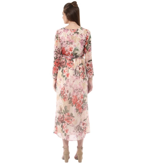 Generic Women's Chiffon Floral Round Neck Long Sleeves Dress (Multicolor)