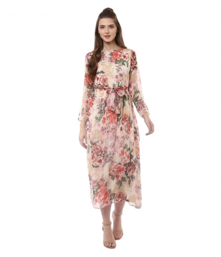 Generic Women's Chiffon Floral Round Neck Long Sleeves Dress (Multicolor)