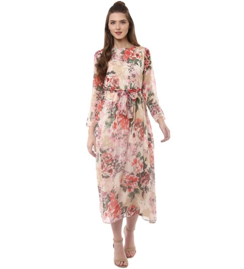 Generic Women's Chiffon Floral Round Neck Long Sleeves Dress (Multicolor)