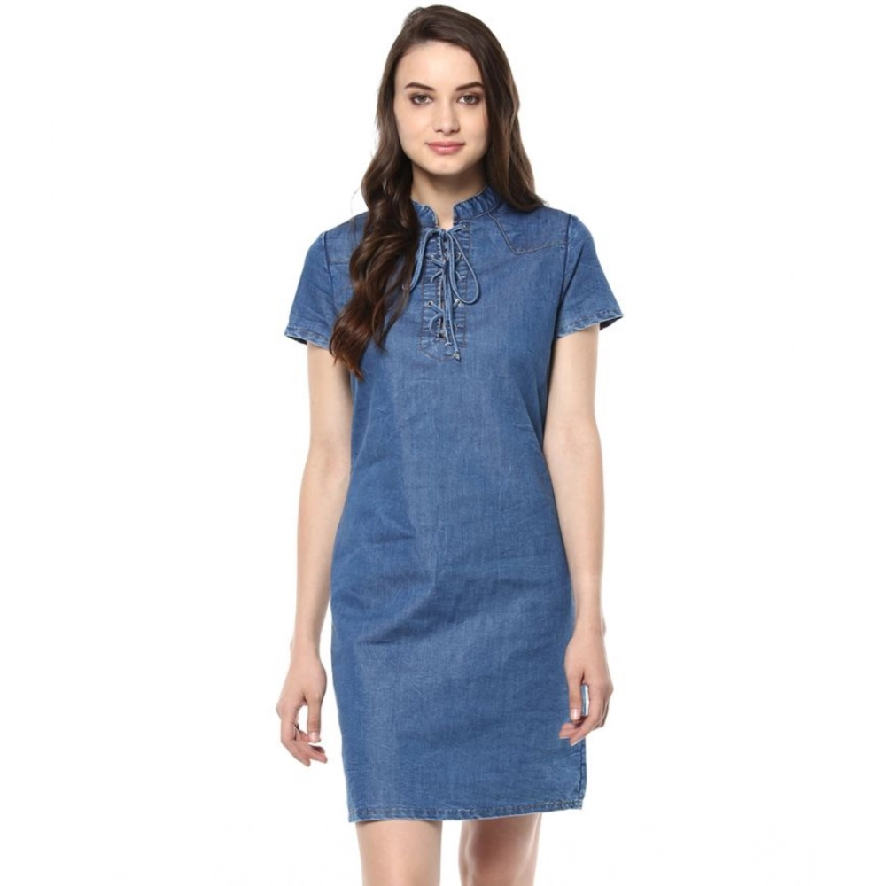 Generic Women's Denim Solid Tie-Up Neck Short Sleeve Dress (Blue) Generic Women's Denim Solid Tie-Up Neck Short Sleeve Dress (Blue)