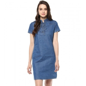 Generic Women's Denim Solid Tie-Up Neck Short Sleeve Dress (Blue)