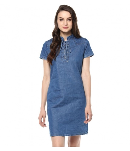 Generic Women's Denim Solid Tie-Up Neck Short Sleeve Dress (Blue)