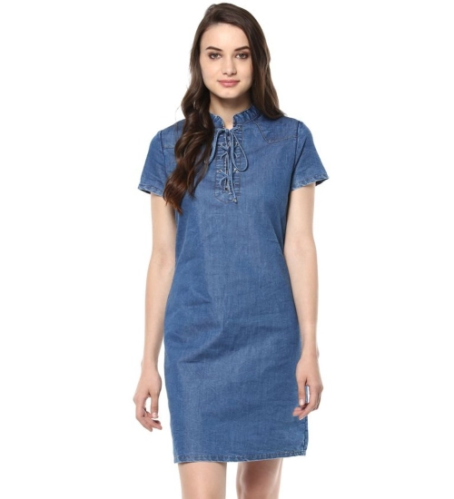 Generic Women's Denim Solid Tie-Up Neck Short Sleeve Dress (Blue)