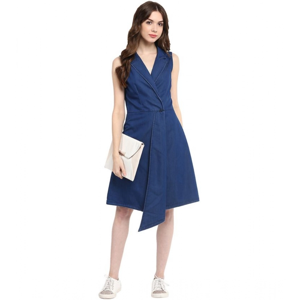 Generic Women's Denim Solid Collar Neck Sleeveless Dress (Blue) Generic Women's Denim Solid Collar Neck Sleeveless Dress (Blue)