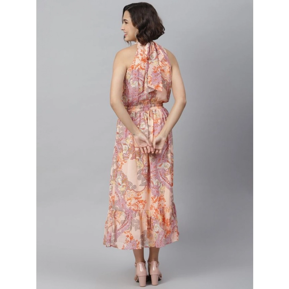 Generic Women's Polyester Maxi Halter Neck Sleeveless Dress (Peach) Generic Women's Polyester Maxi Halter Neck Sleeveless Dress (Peach)