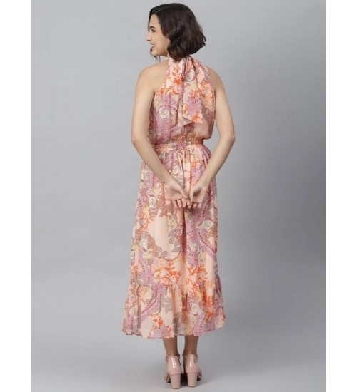 Generic Women's Polyester Maxi Halter Neck Sleeveless Dress (Peach)