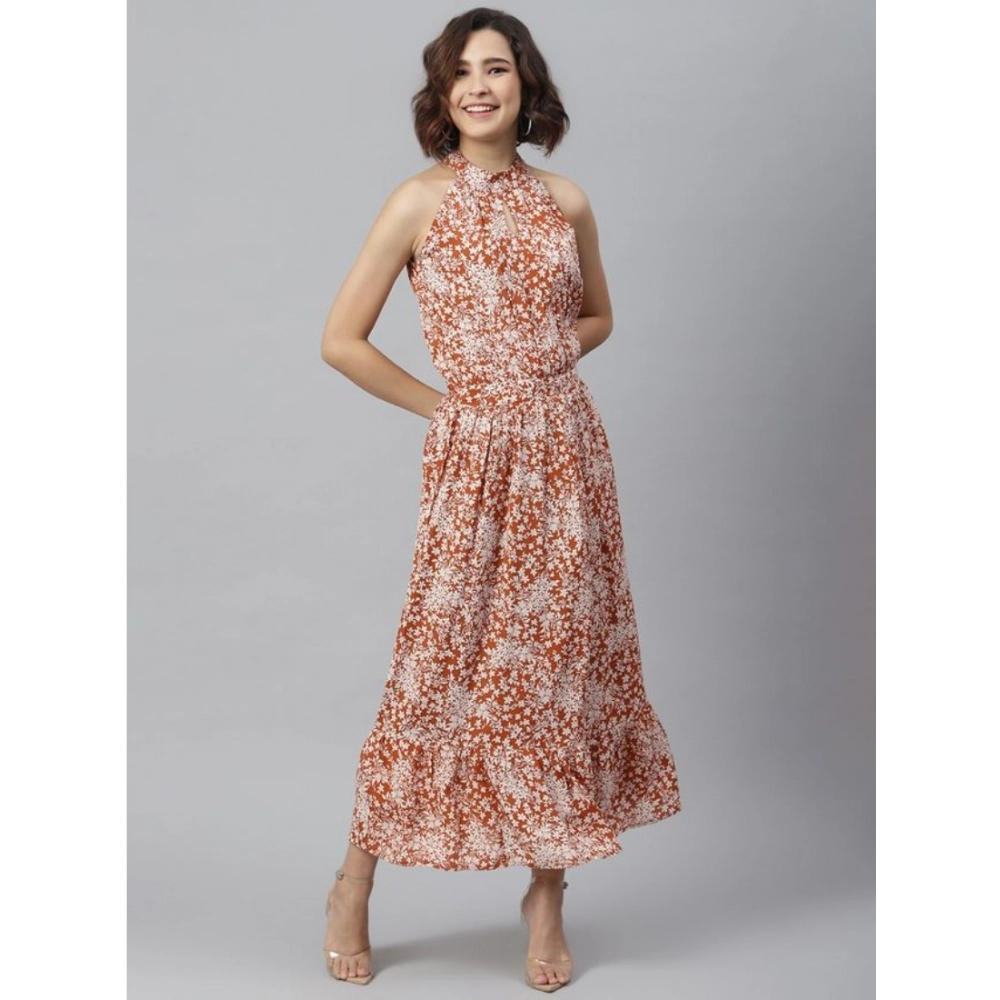 Generic Women's Polyester Printed Halter Neck Sleeveless Dress (Rust) Generic Women's Polyester Printed Halter Neck Sleeveless Dress (Rust)