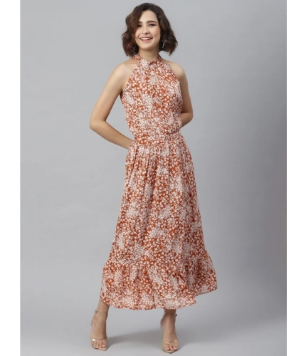 Generic Women's Polyester Printed Halter Neck Sleeveless Dress (Rust)