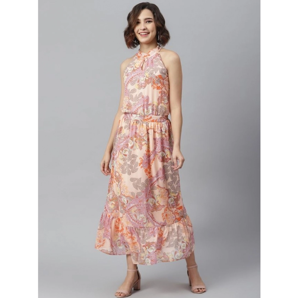 Generic Women's Polyester Maxi Halter Neck Sleeveless Dress (Peach) Generic Women's Polyester Maxi Halter Neck Sleeveless Dress (Peach)