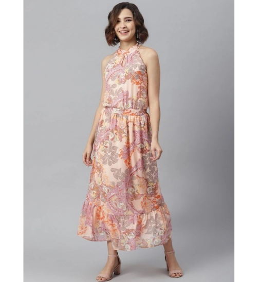 Generic Women's Polyester Maxi Halter Neck Sleeveless Dress (Peach)