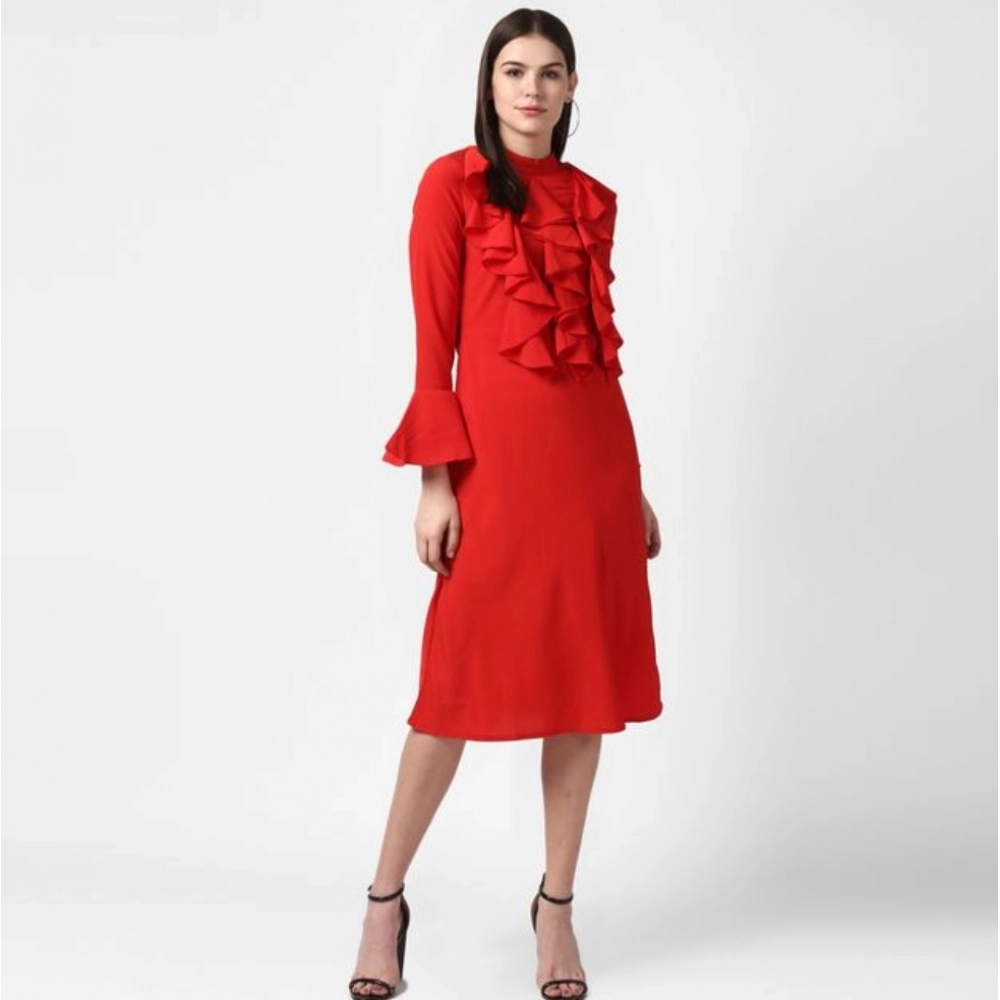 Generic Women's Polyester Ruffled Close Neck Long Sleeves Dress (Red) Generic Women's Polyester Ruffled Close Neck Long Sleeves Dress (Red)