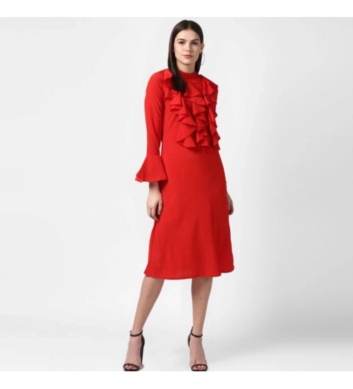 Generic Women's Polyester Ruffled Close Neck Long Sleeves Dress (Red)